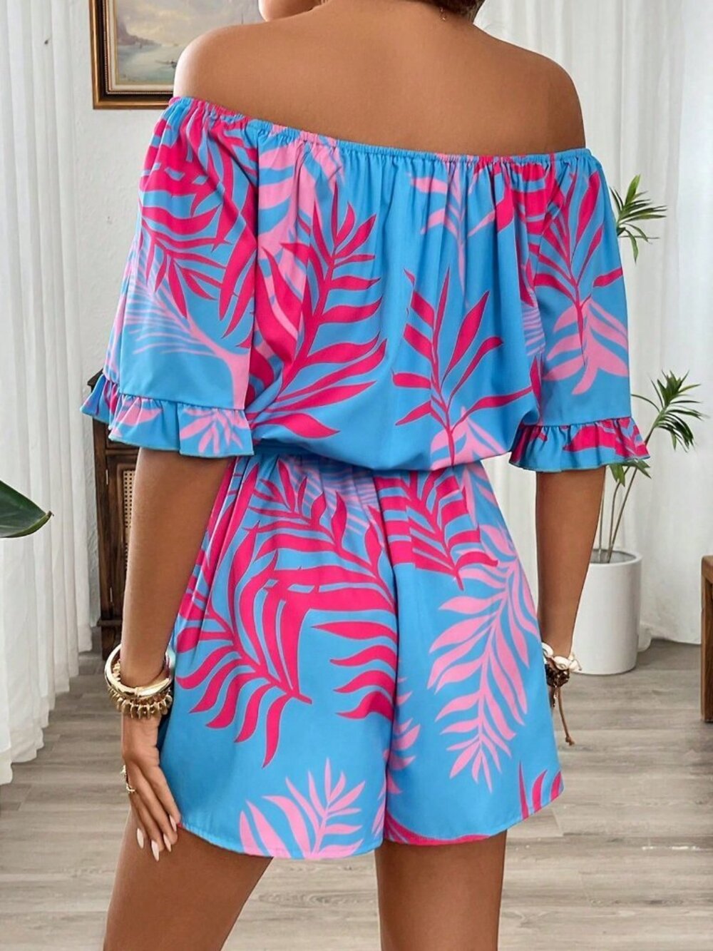 Multicolor Boho Women's Off Shoulder Tropical Print Puff Sleeves Romper - Picture 2 of 4